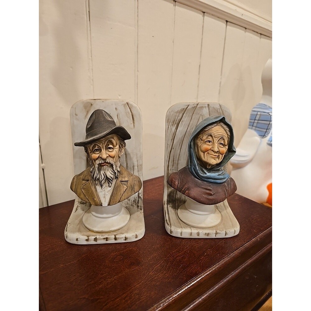 Norleans Japan VTG Ceramic Bookends Old Lady & Man Cottagecore Whimsical Decor